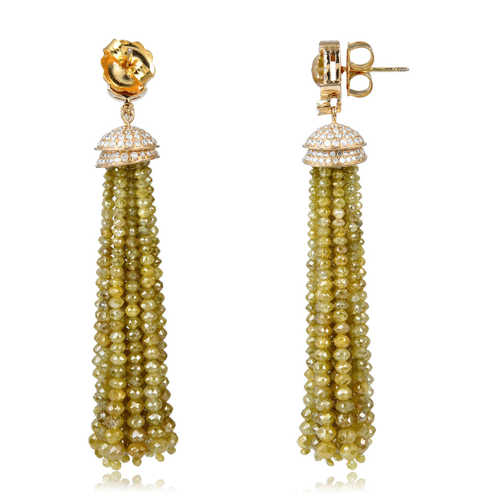 18K Solid Yellow Gold Faceted Ice Diamond Beaded Bridal Tassel Earrings For Women's