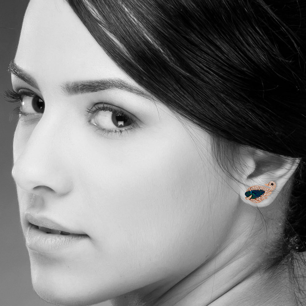 Opal Doublet Gemstone Pave Diamond Swan Stud Earrings In 18K Rose Gold