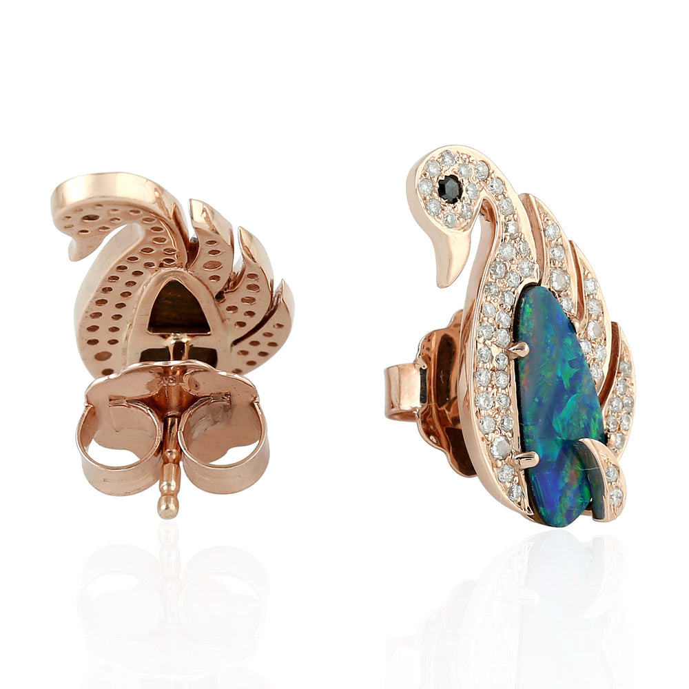 Opal Doublet Gemstone Pave Diamond Swan Stud Earrings In 18K Rose Gold