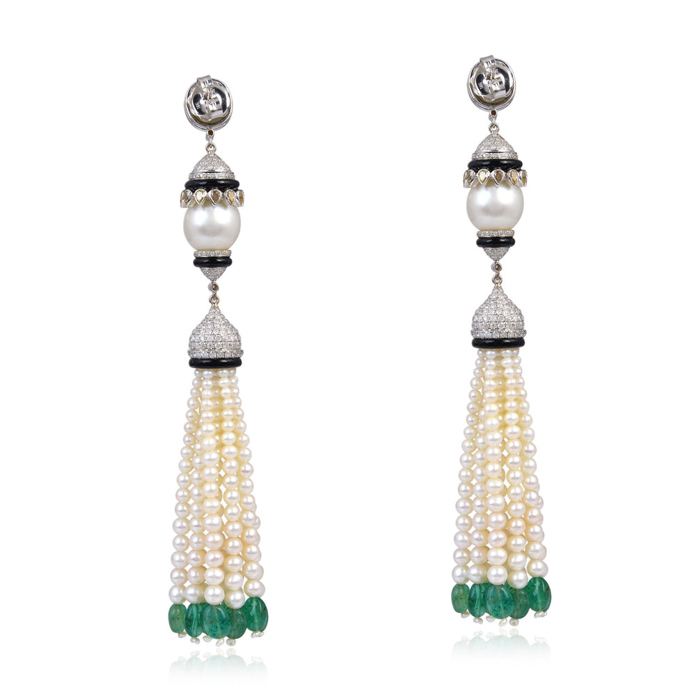 18K White Gold Beaded Pearl Tassel Earrings Pave Diamond Emerald Onyx Gemstone For Her