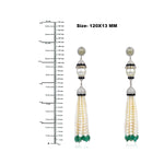 18K White Gold Beaded Pearl Tassel Earrings Pave Diamond Emerald Onyx Gemstone For Her