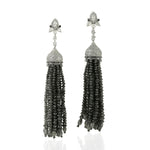 Made In 18K White Gold Micro Pave Black White Diamond Beaded Tassel Dangler For Women's