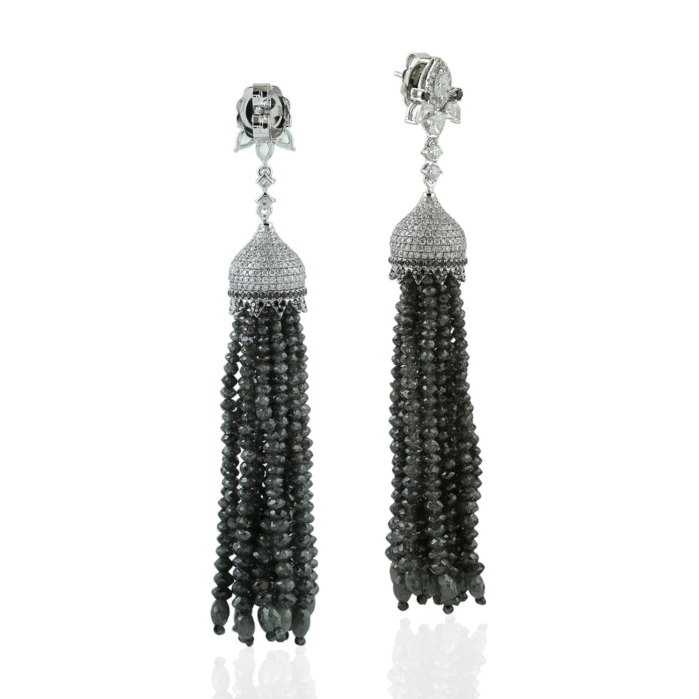 Made In 18K White Gold Micro Pave Black White Diamond Beaded Tassel Dangler For Women's