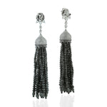 Made In 18K White Gold Micro Pave Black White Diamond Beaded Tassel Dangler For Women's