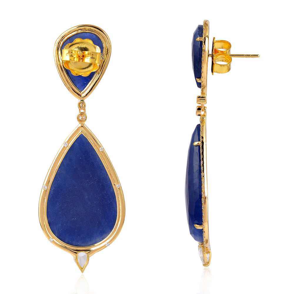 18K Yellow Gold Florence Blue Sapphire Gemstone Diamond Classic Drop Dangler Earrings