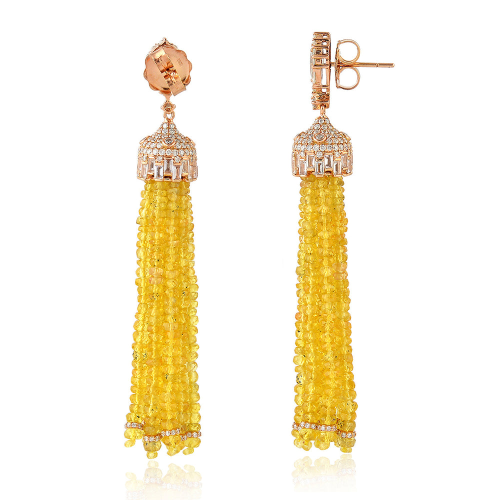 Yellow Sapphire Baguette Diamond Wedding Tassel Earrings in 18k Rose Gold Gift