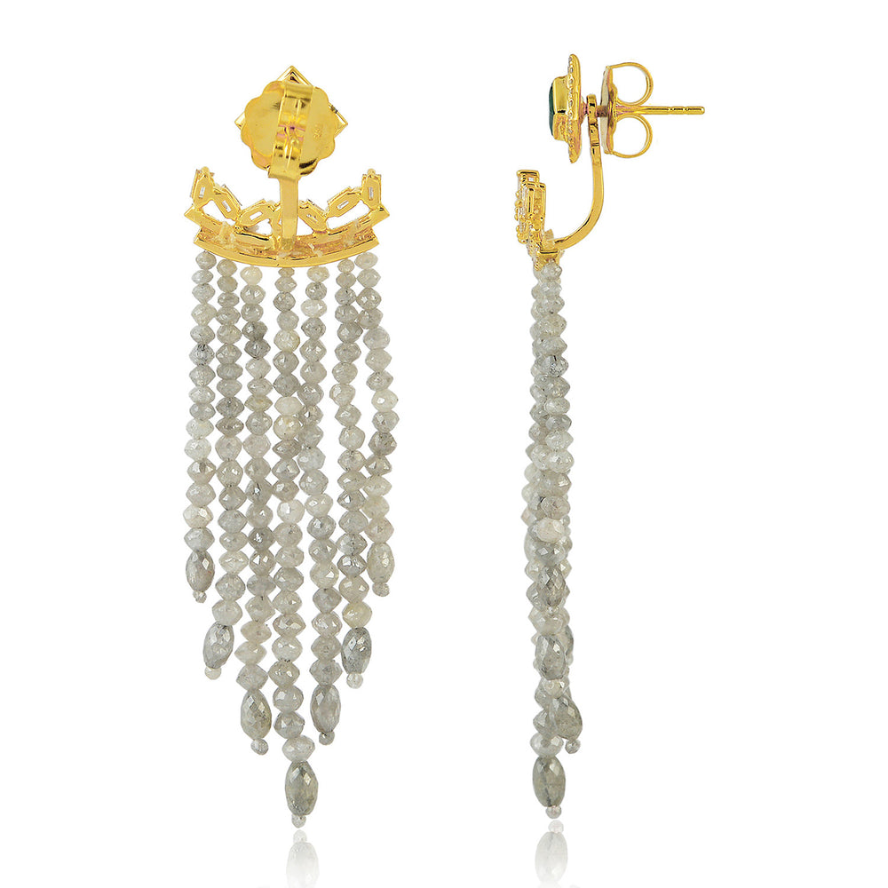 Square Emerald Faceted Ice Diamond Beaded Tassel Ear Jacket Earrings In 18K Yellow Gold