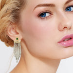 Square Emerald Faceted Ice Diamond Beaded Tassel Ear Jacket Earrings In 18K Yellow Gold