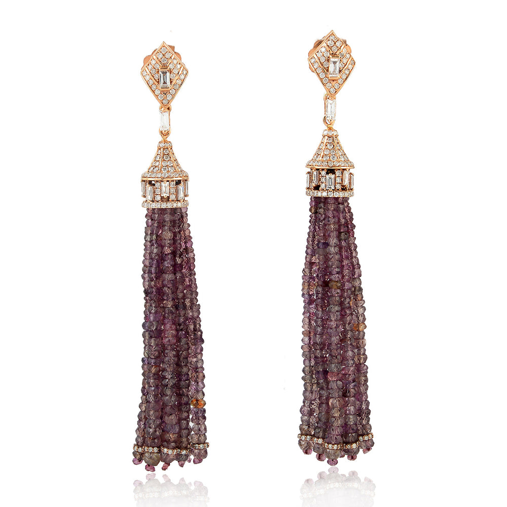 18K Rose Gold Faceted Beads Sapphire Tassel Earrings Baguette Diamond For Women's