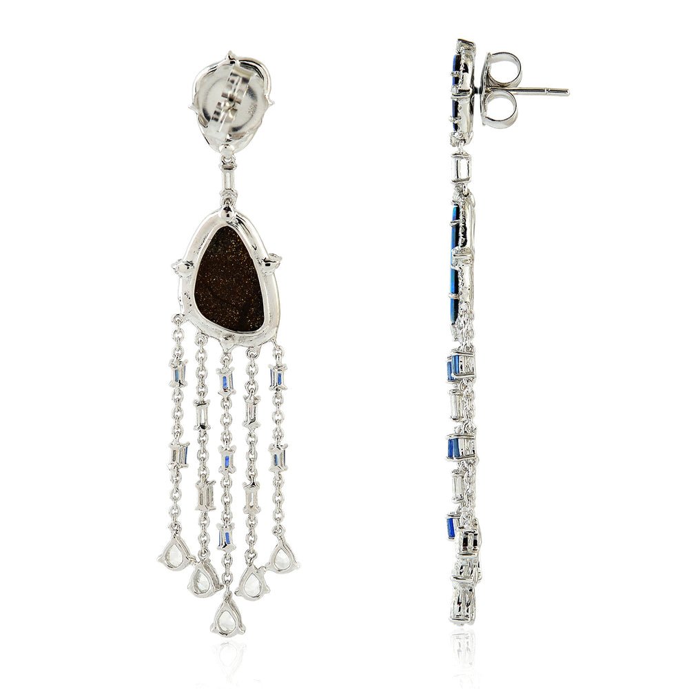 Oval Cut Opal Doublet Baguette Blue Sapphire Pave Diamond Chandelier Earrings In White Gold