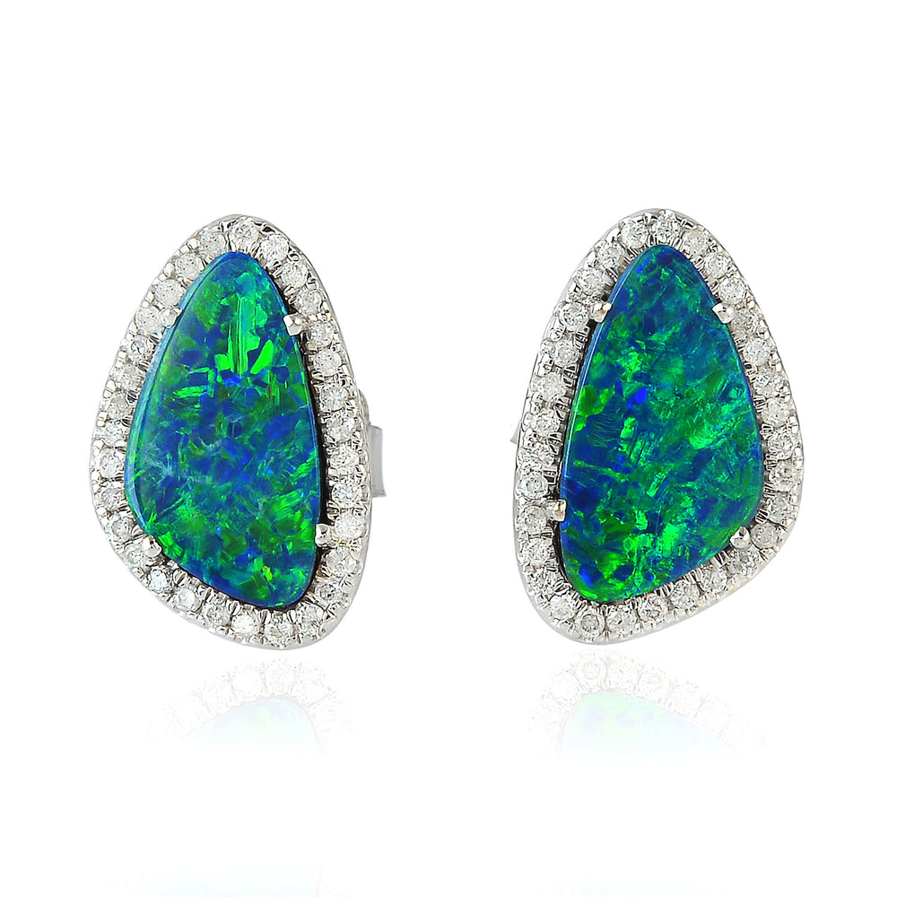 18K White Gold Mix Cut Opal Doublet Prong Diamond Stud Earrings For Christmas