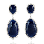 Egg Shape Blue Sapphire Micro Pave Rose Cut Diamond Wedding Earrings In 18K White Gold