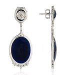 Natural Oval Blue Sapphire Baguette Diamond Designer Earrings In 18K White Gold For Gifts