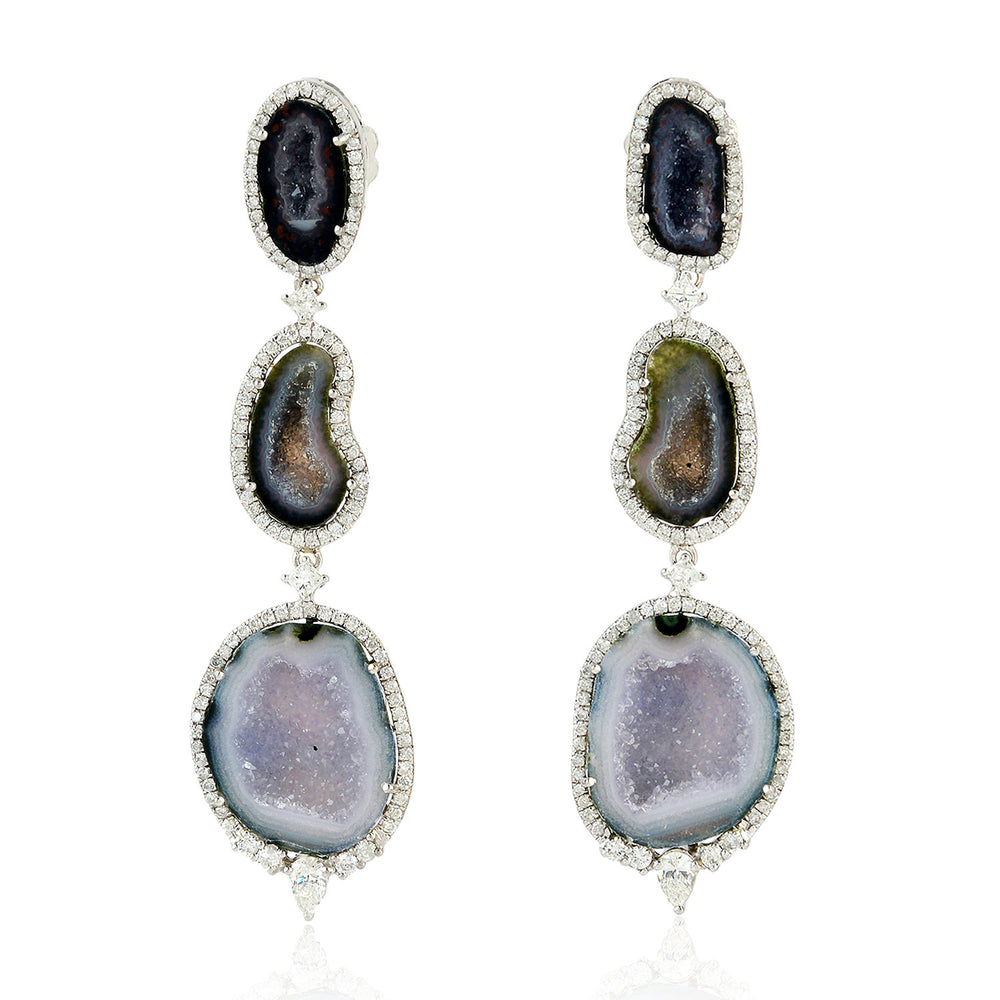 18K White Gold Uneven Geode Pave Diamond Dangler Earrings For Christmas Gifts