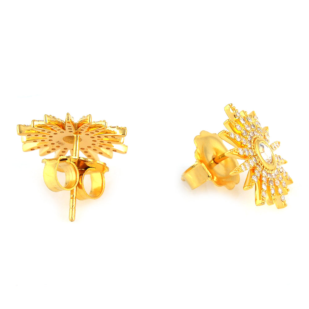 18K Yellow Gold Pave Uncut Diamond Sunburst Stud Earrings For Her