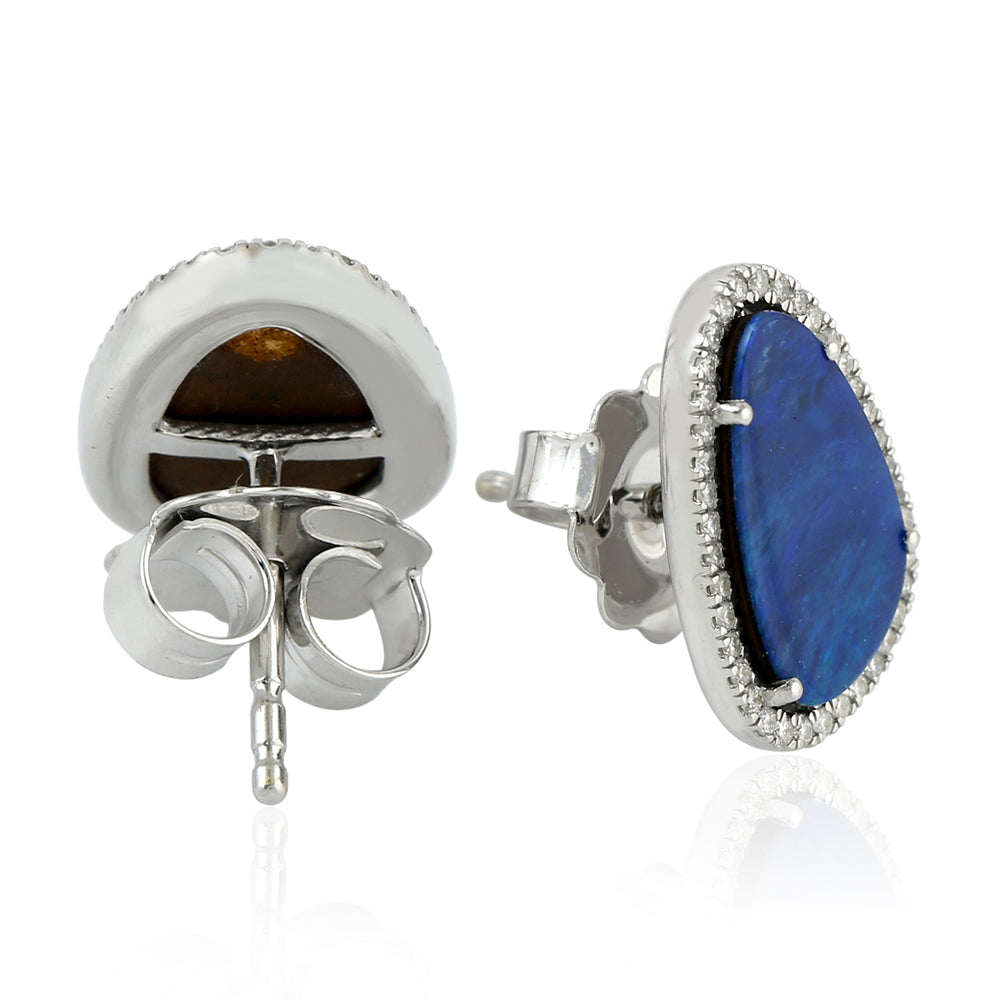 18K White Gold Prong Set Opal Doublet Pave Diamond Stud Earrings