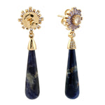 Sodalite Tapered Baguette Tanzanite Pave Diamond Long Dangle Earrings in Gold