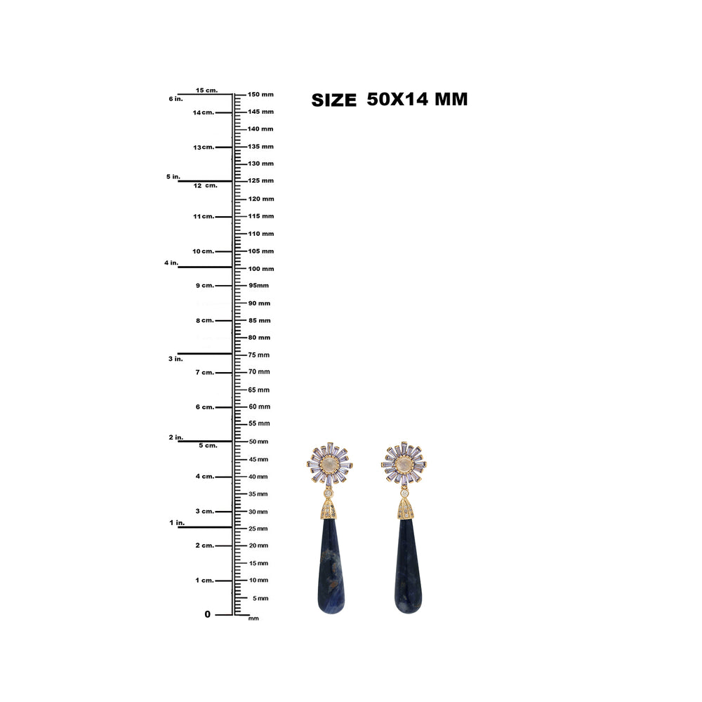 Sodalite Tapered Baguette Tanzanite Pave Diamond Long Dangle Earrings in Gold