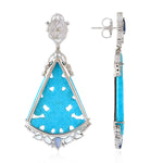 Carved Turquoise December Birthstone Pear Blue Sapphire Rose Cut Diamond Dangler In White Gold