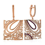 18K Rose Gold Prong Baguette Diamond Pink Sapphire Square Dangler For Her