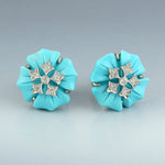 18k White Gold Flower Carving Turquoise Stud Earrings Diamond Jewelry