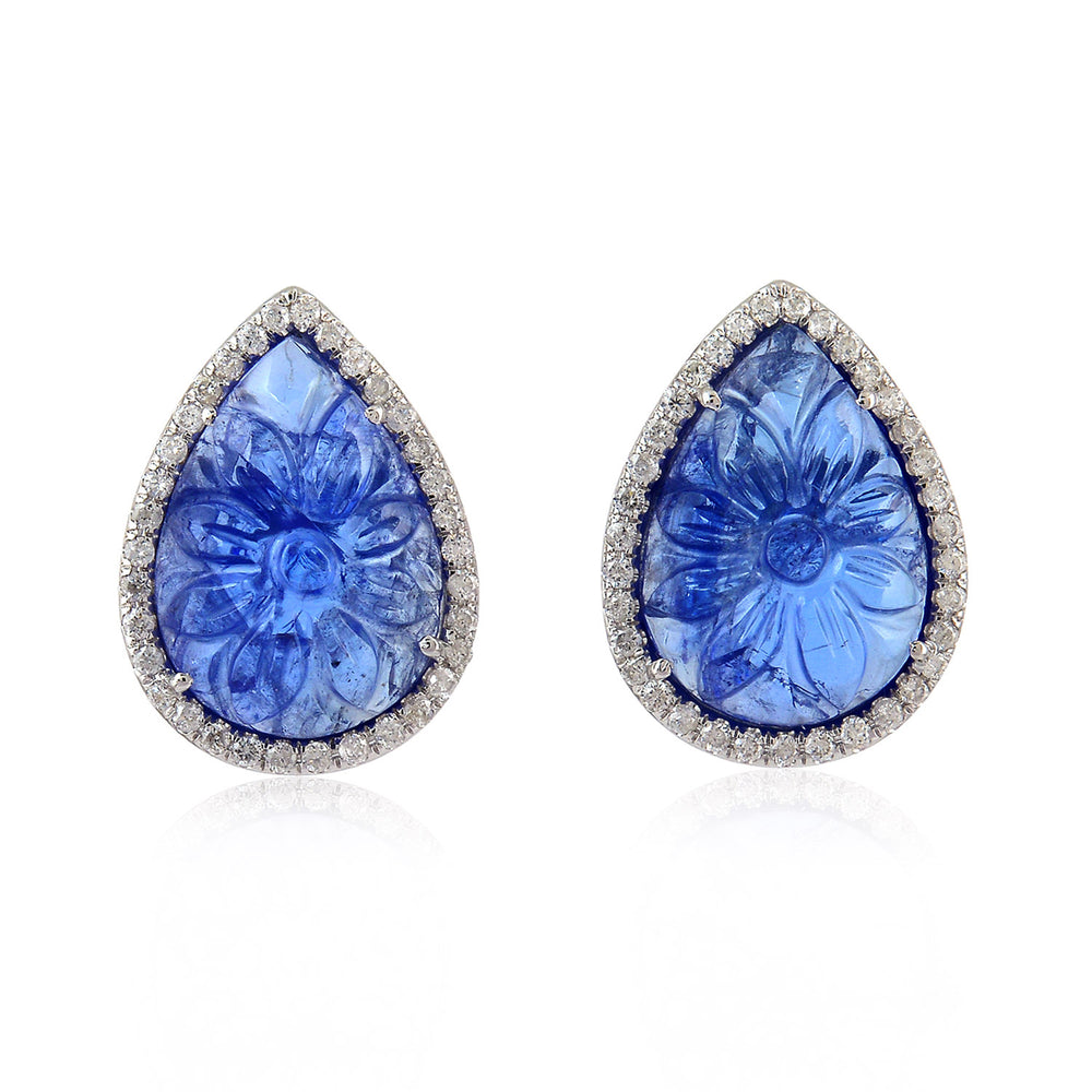 Pear Cut Carved Tanzanite Prong Natural Diamond Stud Earrings Made In 18k White Gold