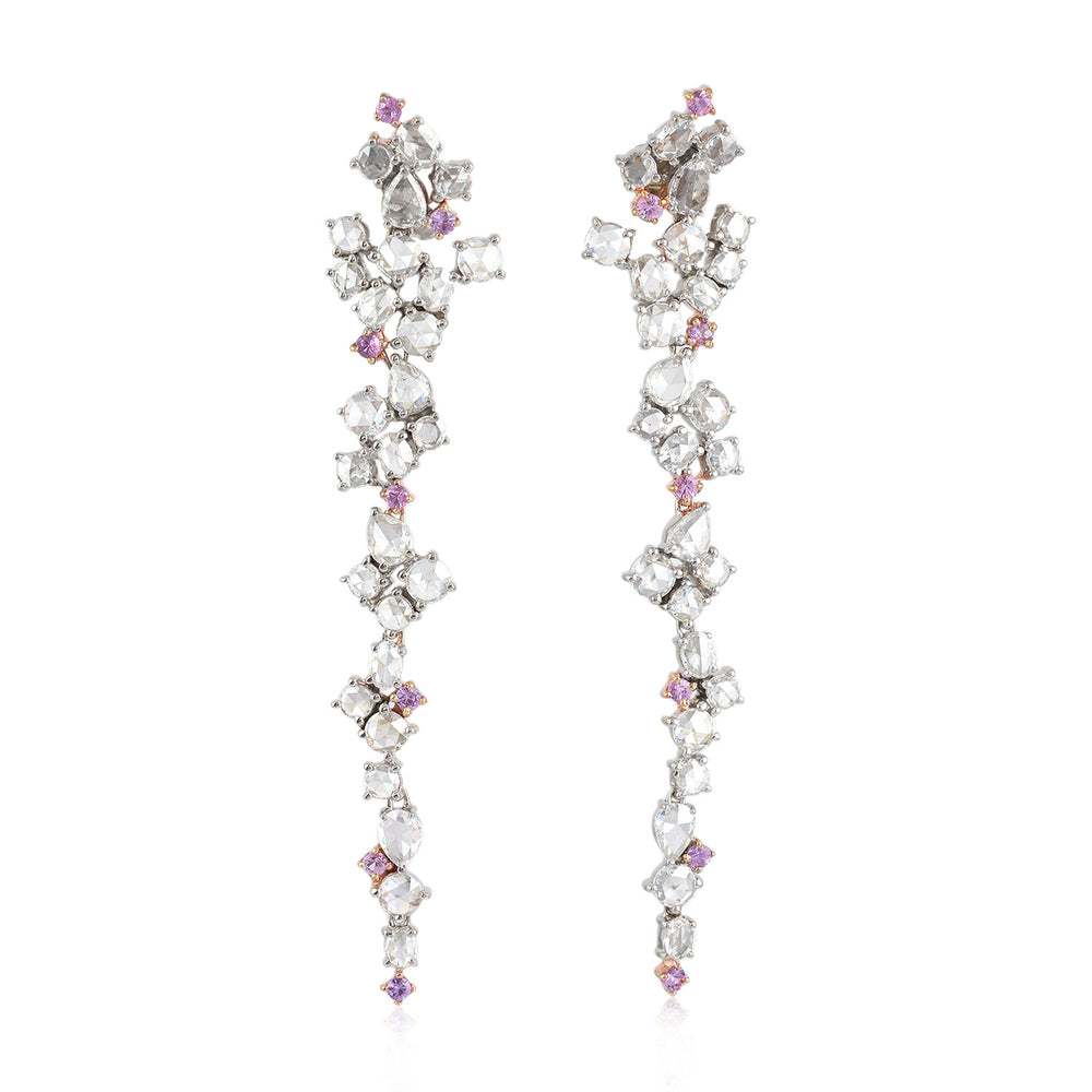 18K White Rose Gold Round Pink Sapphire Natura Rose Cut Diamond Long Dangler Jewelry