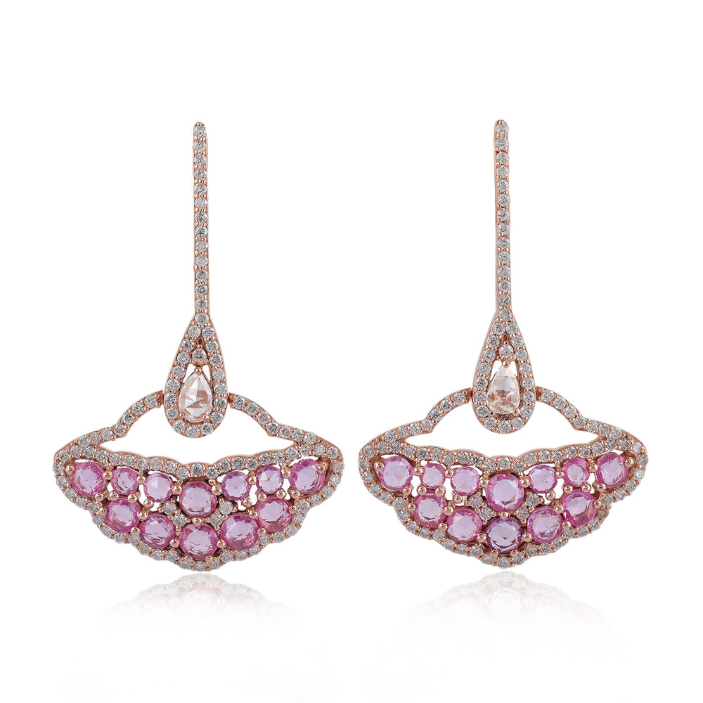 Round Pink Sapphire Rose Cut Diamond Diya's Dangler 18K Rose Gold Jewelry For Her