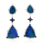 Unshaped Opal Doublet Round Blue Sapphire Pave Diamond Designer Dangler In White Gold