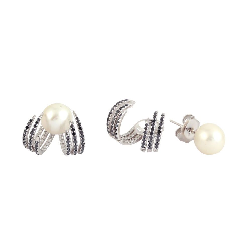 Natural Pearl Fresh Water Pave White Black Diamond Ball Designer Earrings 18K White Gold