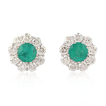 18K White Gold Round Emerald May Birthstone Prong Diamond Flower Stud Jewelry For Her