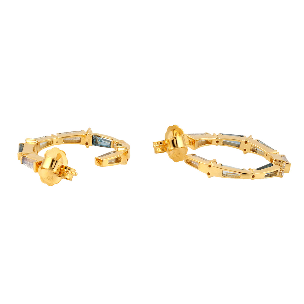 Labradorite Tapered Cut Aquamarine Pave Diamond Hoop Earrings In Yellow Gold