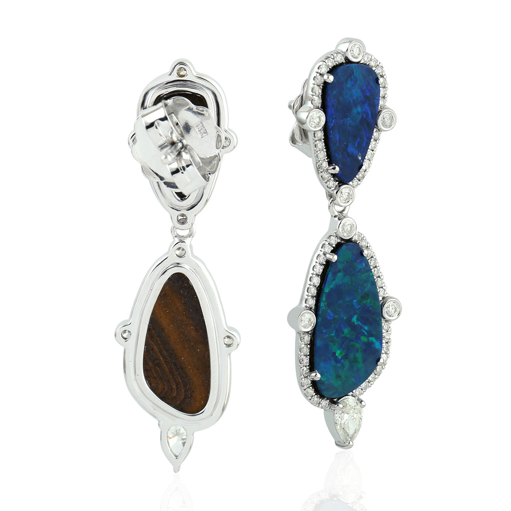 Oval Cut Opal Doublet Bezel Set Diamond Designer Earrings In 18K White Gold Jewelry For Her