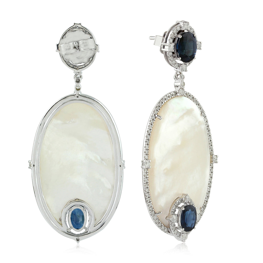 Oval Sapphire Fancy MOP Prong Diamond 18K White Gold Designer Dangler Earrings