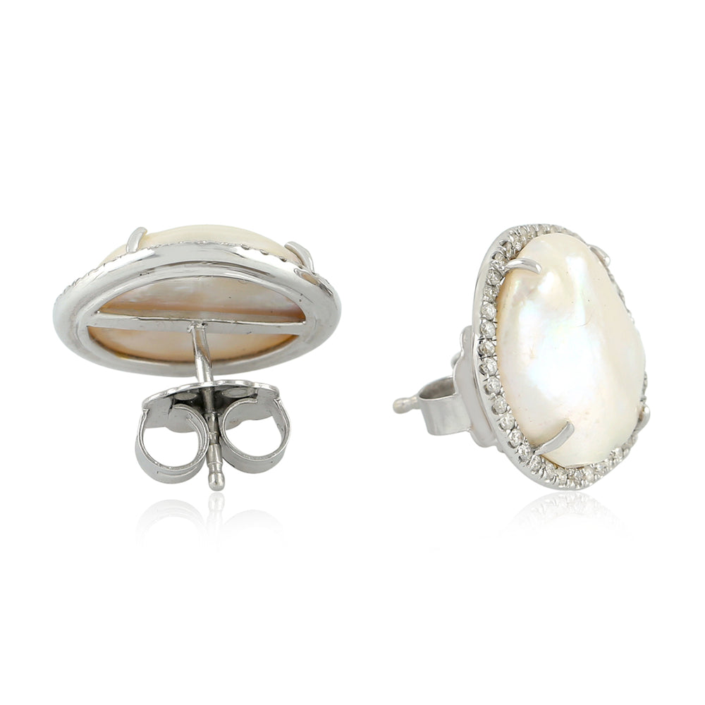 Prong Set Pearl Chinese Pave Diamond Stud Earrings In 18K White Gold