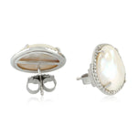 Prong Set Pearl Chinese Pave Diamond Stud Earrings In 18K White Gold