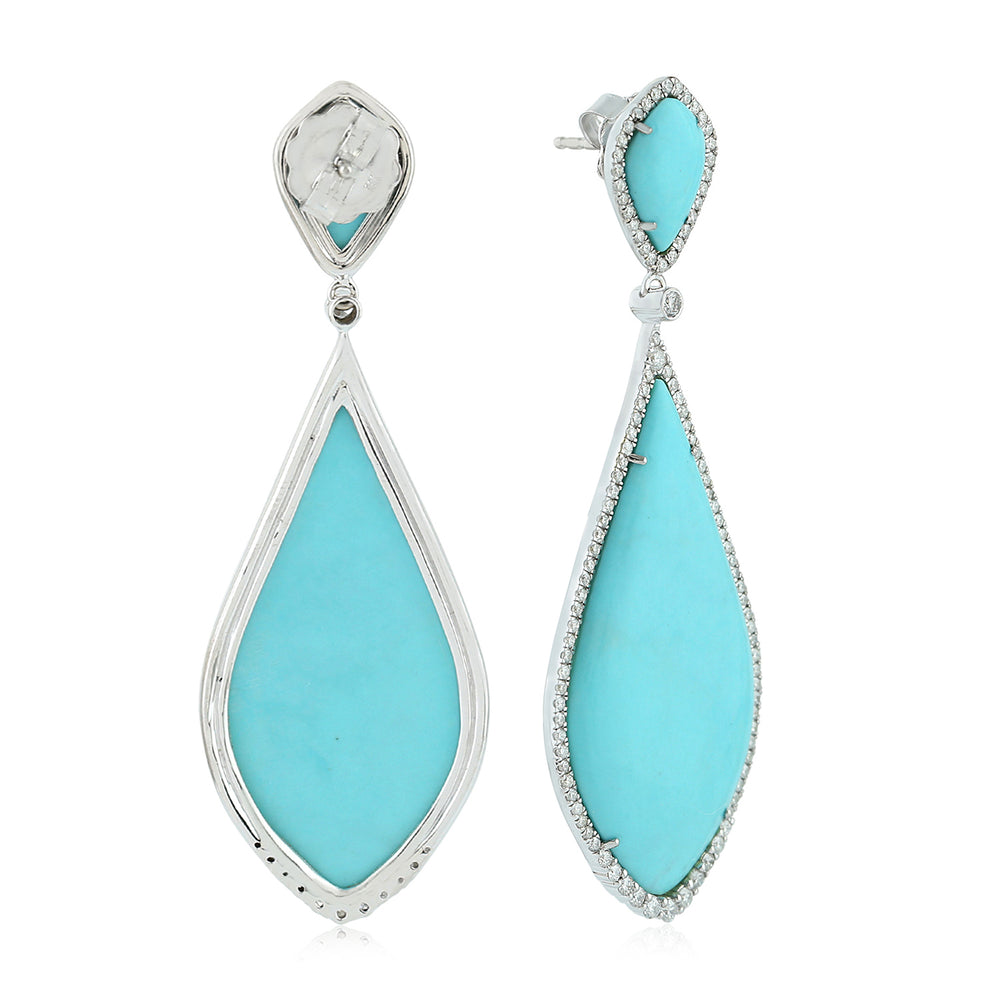 Fancy Pear Cut Turquoise Pave Diamond Wedding Dangler In 18K White Gold For Women's