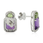 Baguette Cut Amethyst Round Cut Peridot Pave Diamond Stud Earrings In White Gold