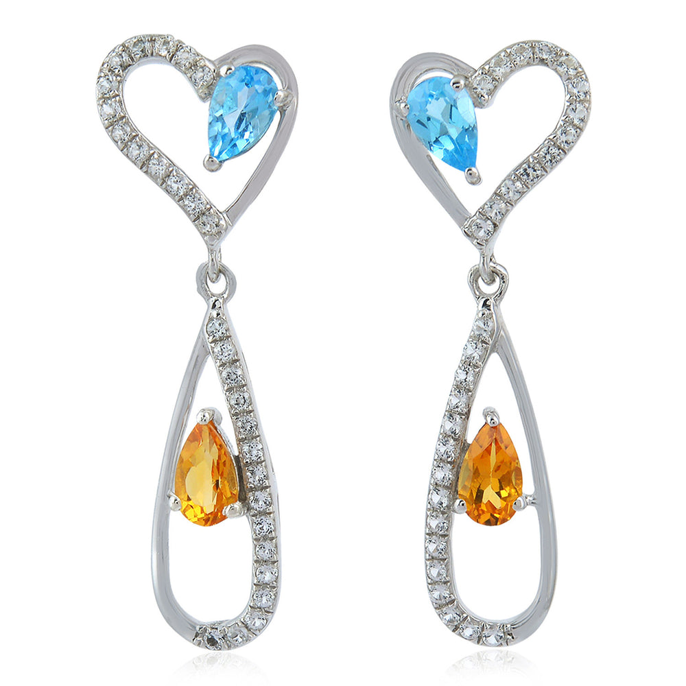 14K White Gold Pave Diamond Pear Cut Blue Topaz & Citrine Heart Danglers