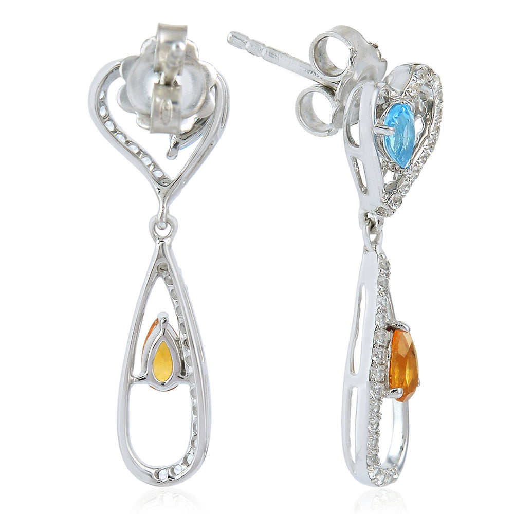 14K White Gold Pave Diamond Pear Cut Blue Topaz & Citrine Heart Danglers