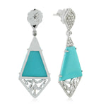 Baguette Diamond Prong Turquoise Gemstone Designer Dangler In 18K White Gold