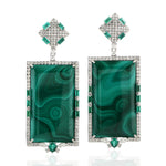 Natural Square Malachite Baguette Emerald Prong Diamond 18K White Gold Designer Dangler Gift