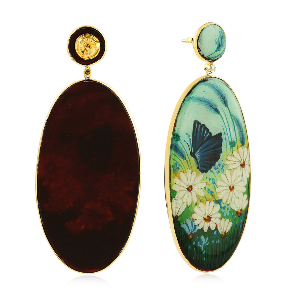 18K Yellow Gold Prong Set Diamond Bakelite Gold Picture Butterfly Dangler