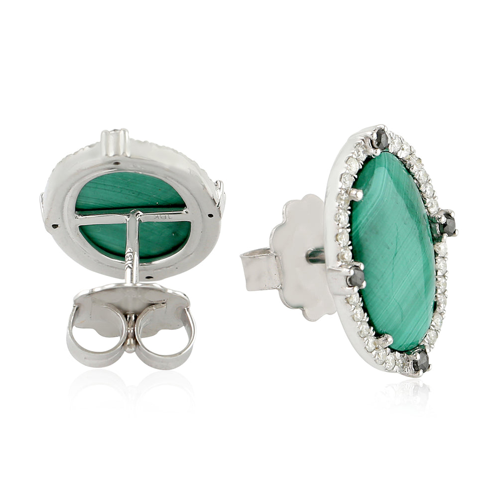 18K White Gold Micro Pave Diamond Oval Cut Malachite Stud Earrings For Her