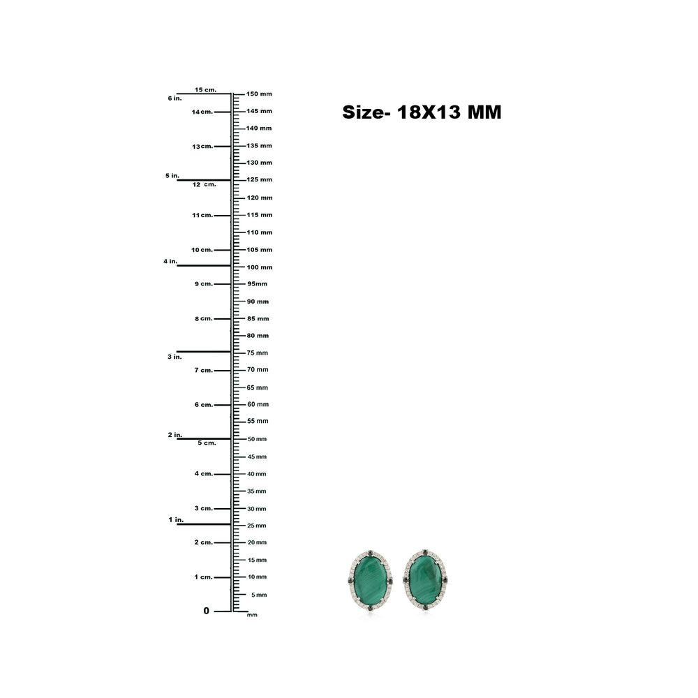 18K White Gold Micro Pave Diamond Oval Cut Malachite Stud Earrings For Her