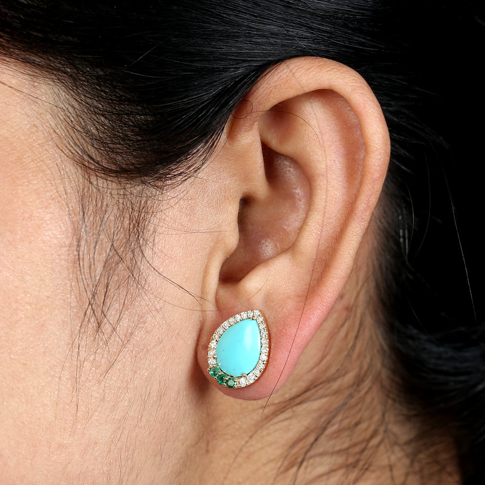 Pear Cut Turquoise Prong Emerald Pave Diamond Stud Earrings In Yellow Gold