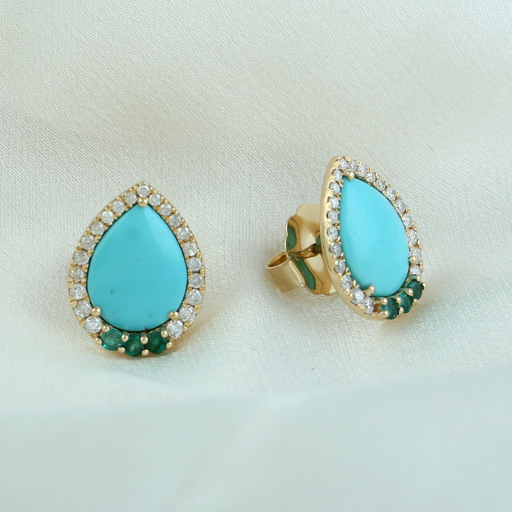 Pear Cut Turquoise Prong Emerald Pave Diamond Stud Earrings In Yellow Gold