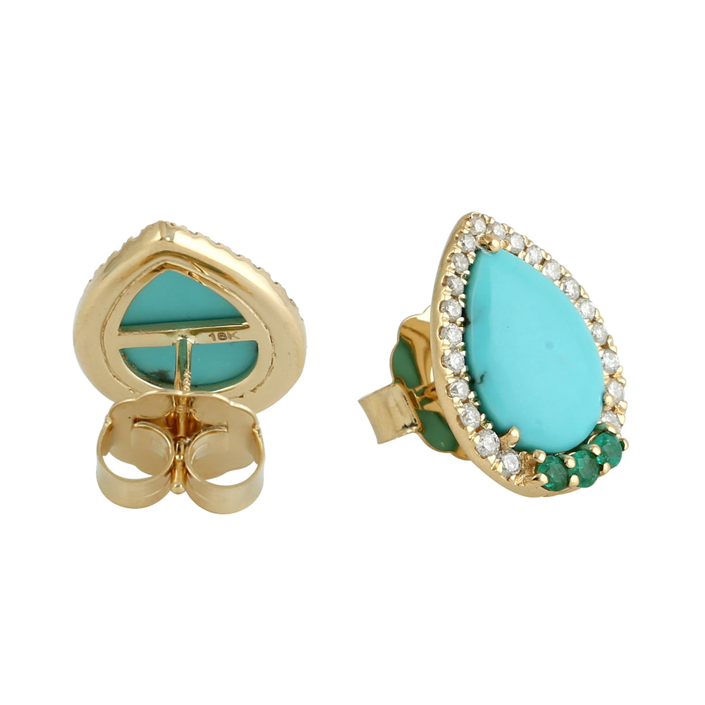 Pear Cut Turquoise Prong Emerald Pave Diamond Stud Earrings In Yellow Gold
