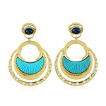 18K Yellow Gold Carved Turquoise Oval Sapphire Prong Diamond Moon Dangler Indian Ethnic Jewelry