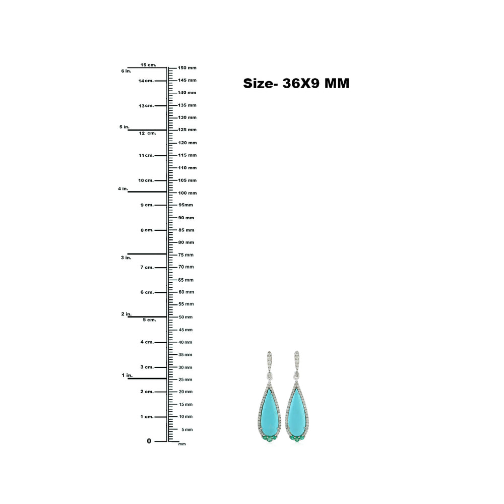 Pear Cut Turquoise Prong Emerald Pave Diamond Drop Dangler In 18K White Gold